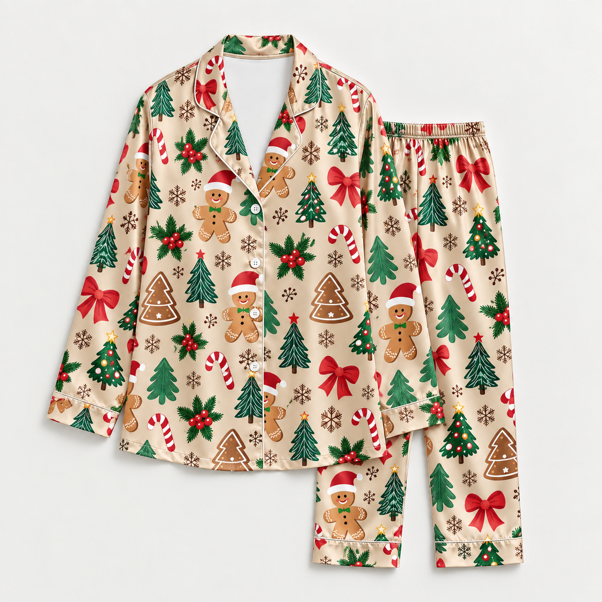 PJ-M2184-Gingerbread Christmas Satin Pajama Set, Candy Cane Tree Bow Holly Festive Holiday Sleepwear