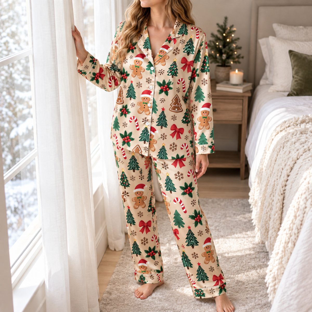 PJ-M2184-Gingerbread Christmas Satin Pajama Set, Candy Cane Tree Bow Holly Festive Holiday Sleepwear