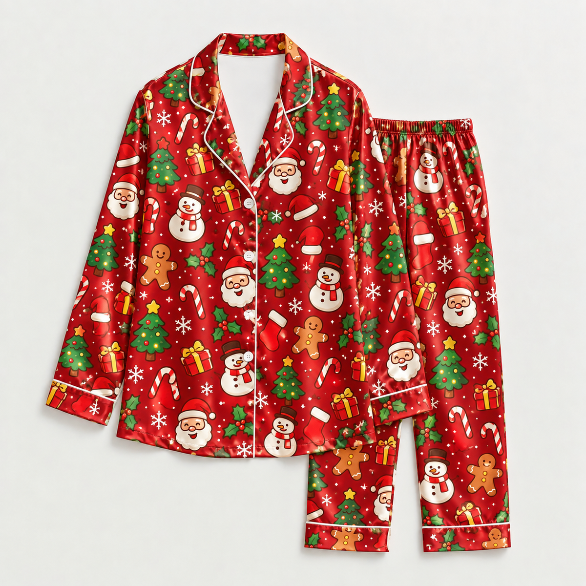 PJ-M2185-Red Christmas Satin Pajama Set, Santa Snowman Gingerbread Tree Candy Cane Festive Sleepwear