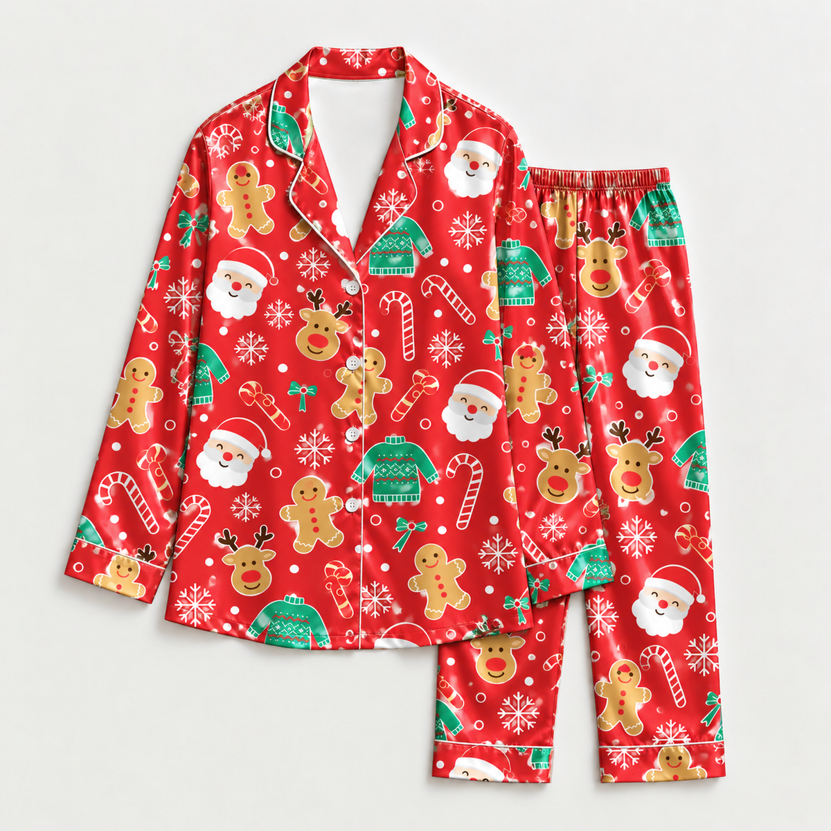PJ-M2186-Red Christmas Satin Pajama Set, Santa Reindeer Gingerbread Sweater Candy Cane Holiday Sleepwear