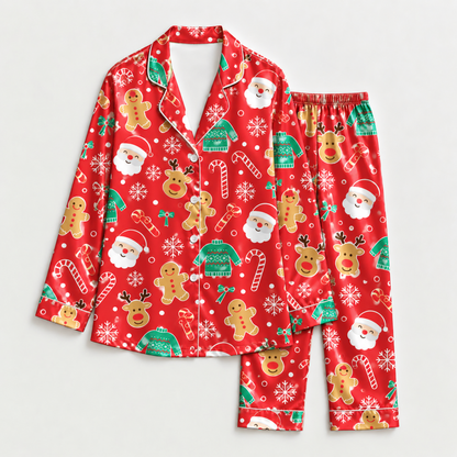 PJ-M2186-Red Christmas Satin Pajama Set, Santa Reindeer Gingerbread Sweater Candy Cane Holiday Sleepwear