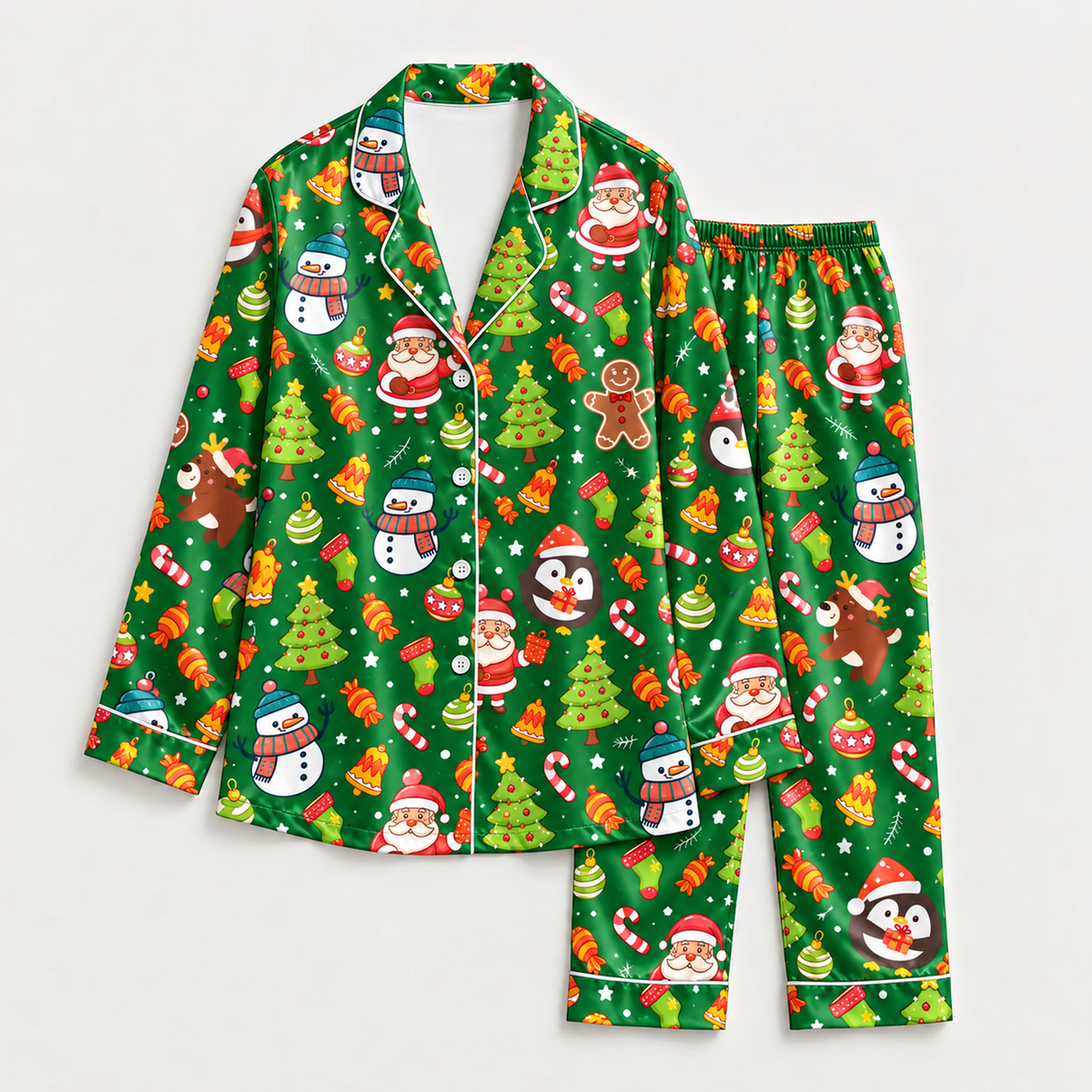 PJ-M2187-Green Christmas Satin Pajama Set, Santa Snowman Reindeer Gingerbread Tree Festive Holiday Sleepwear