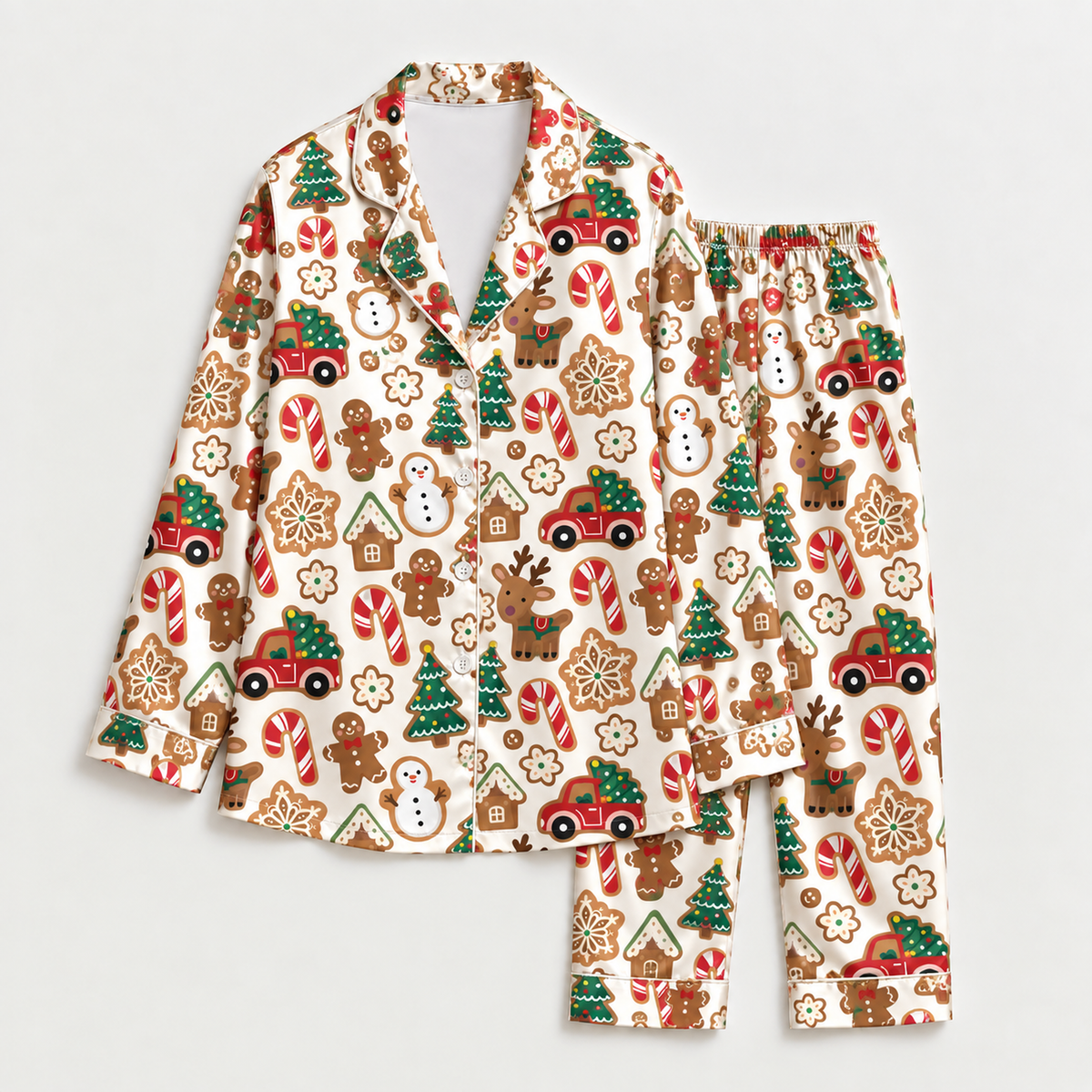 PJ-M2188-Gingerbread Christmas Satin Pajama Set with Reindeer Trees Candy Canes Snowmen Trucks and Festive Holiday Cookie Pattern for Cozy Sleepwear