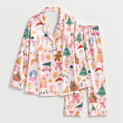PJ-M2189-Pink Christmas Satin Pajama Set with Santa Snowmen Reindeer Gingerbread Trees and Festive Holiday Pattern for Cozy Sleepwear