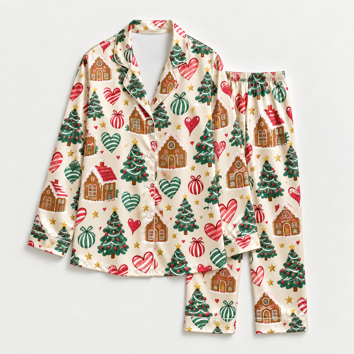 PJ-M2190-Gingerbread House Christmas Satin Pajama Set with Decorated Trees Heart Ornaments and Festive Holiday Pattern for Cozy Sleepwear