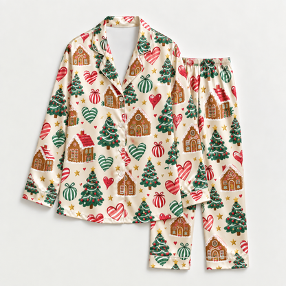 PJ-M2190-Gingerbread House Christmas Satin Pajama Set with Decorated Trees Heart Ornaments and Festive Holiday Pattern for Cozy Sleepwear