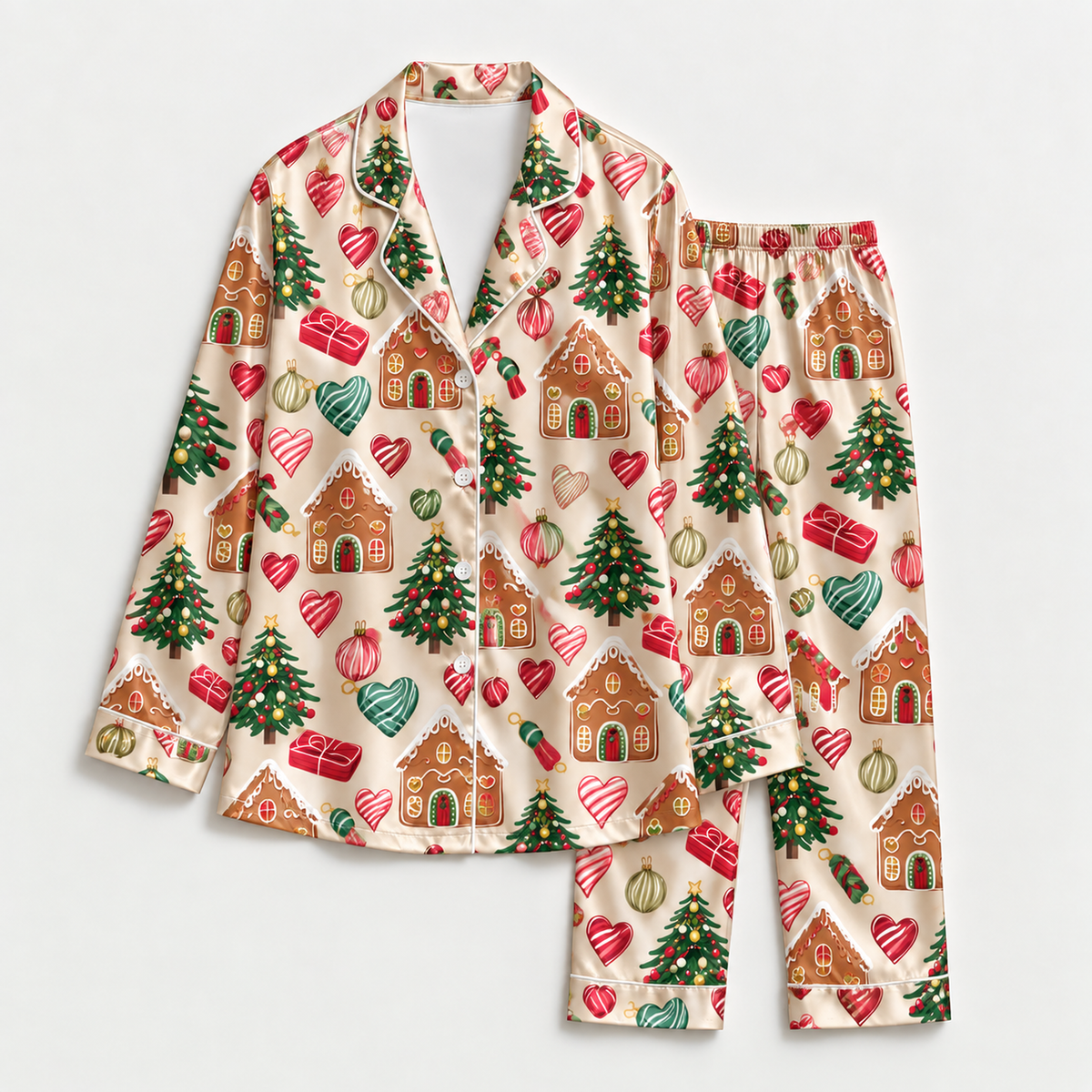PJ-M2191-Gingerbread House Christmas Satin Pajama Set with Decorated Trees Gifts Ornaments and Festive Holiday Pattern for Cozy Sleepwear