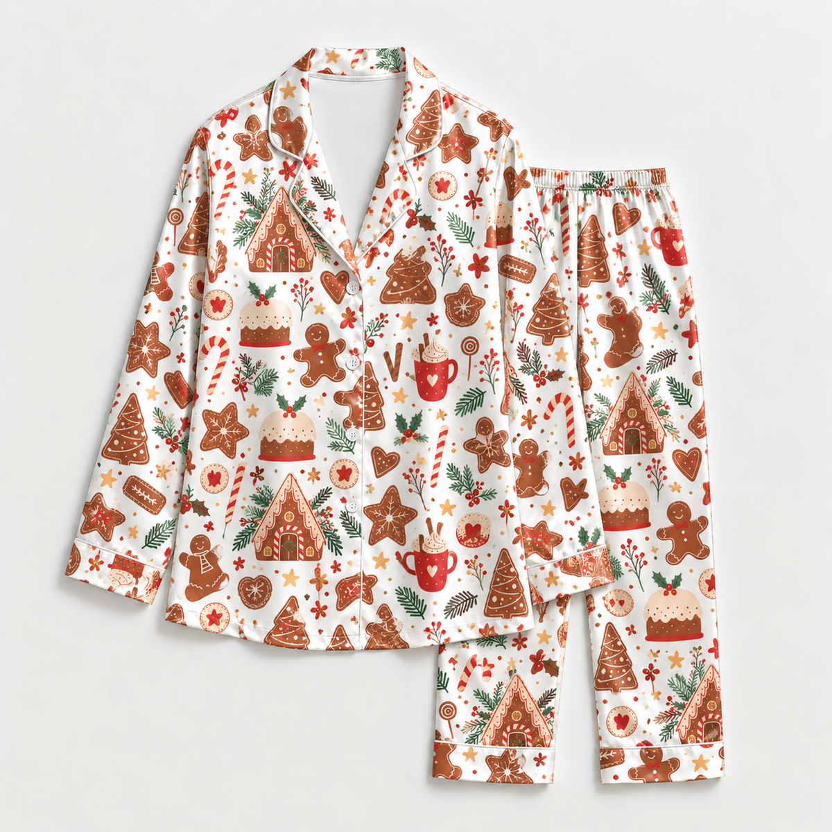 PJ-M2192-Gingerbread Christmas Satin Pajama Set with Cookies Houses Candy Canes Cocoa and Festive Holiday Treat Pattern for Cozy Sleepwear