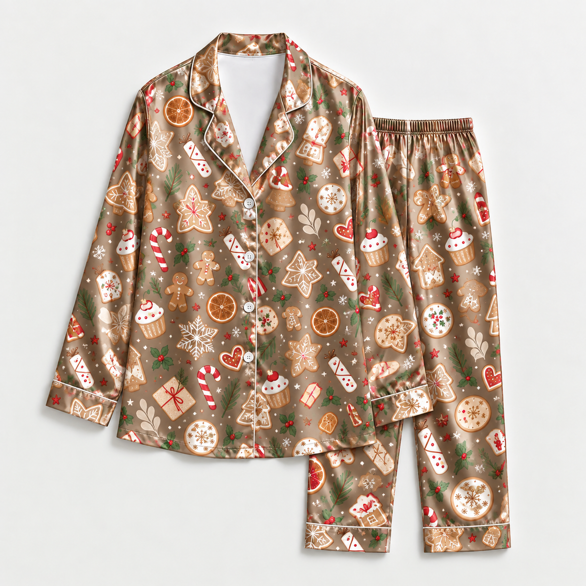 PJ-M2193-Christmas Cookie Satin Pajama Set with Gingerbread Candy Canes Cupcakes Hearts and Festive Holiday Treat Pattern for Cozy Sleepwear