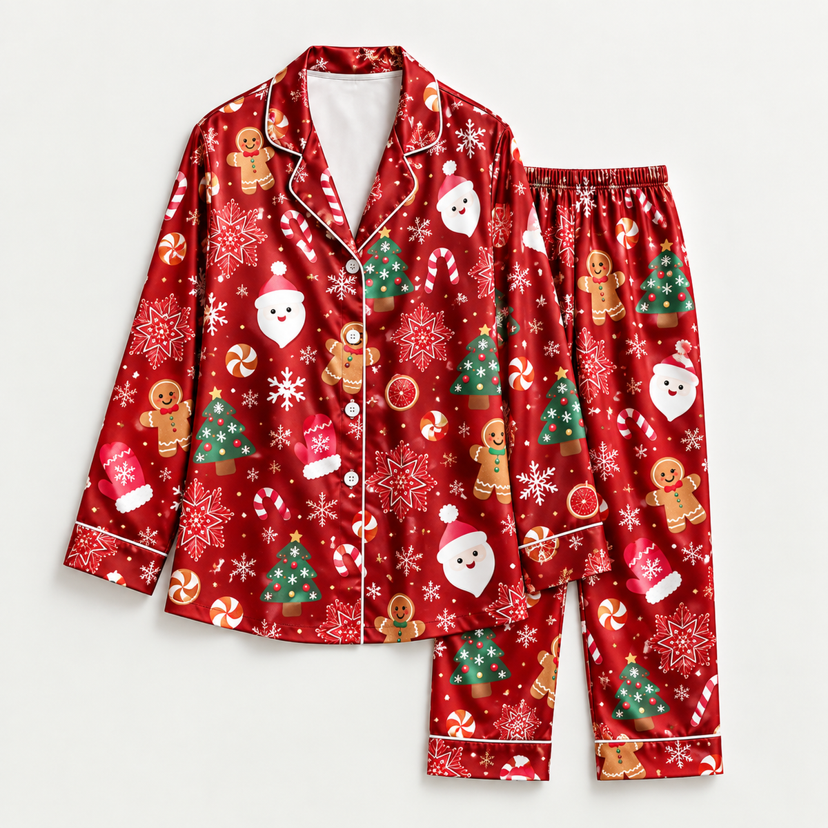 PJ-M2194-Santa Christmas Satin Pajama Set with Gingerbread Cookies Trees Candy Canes Snowflakes and Festive Holiday Pattern for Cozy Sleepwear