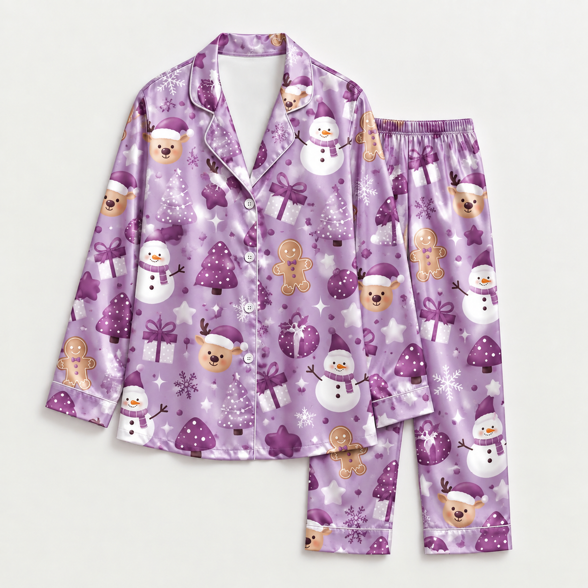 PJ-M2195-Purple Winter Satin Pajama Set with Snowmen Gingerbread Gifts Trees Snowflakes and Whimsical Holiday Pattern for Cozy Sleepwear