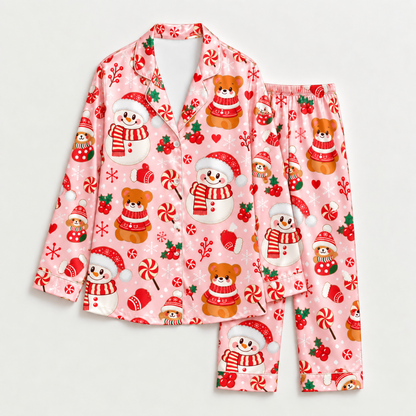 PJ-M2196-Snowman Christmas Satin Pajama Set with Teddy Bears Peppermints Holly Snowflakes and Playful Pink Holiday Pattern for Cozy Sleepwear