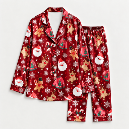 PJ-M2197-Red Christmas Satin Pajama Set with Santa Teddy Bears Snowflakes Candy Canes and Festive Holiday Pattern for Cozy Sleepwear