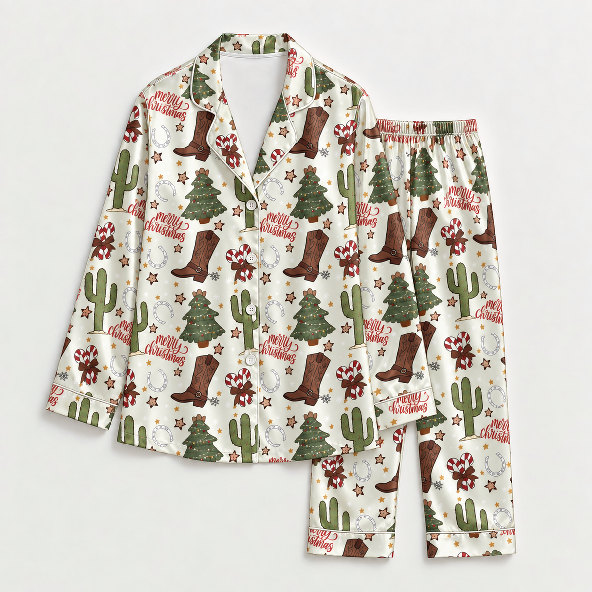 PJ-M2199-Western Christmas Satin Pajama Set with Cowboy Boots Cactus Trees Candy Canes Horseshoes and Rustic Holiday Pattern for Cozy Sleepwear
