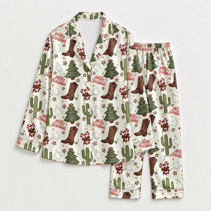 PJ-M2199-Western Christmas Satin Pajama Set with Cowboy Boots Cactus Trees Candy Canes Horseshoes and Rustic Holiday Pattern for Cozy Sleepwear