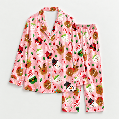 PJ-M2201-Pink Christmas Satin Pajama Set with Reindeer Snowmen Festive Hats Candy Canes and Playful Holiday Pattern for Cozy Sleepwear