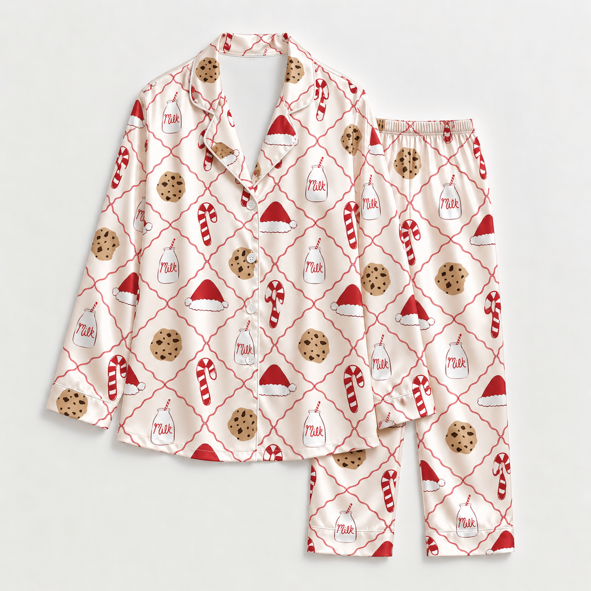 PJ-M2202-Cookies and Milk Christmas Satin Pajama Set with Santa Hats Candy Canes and Sweet Holiday Treat Pattern for Cozy Sleepwear