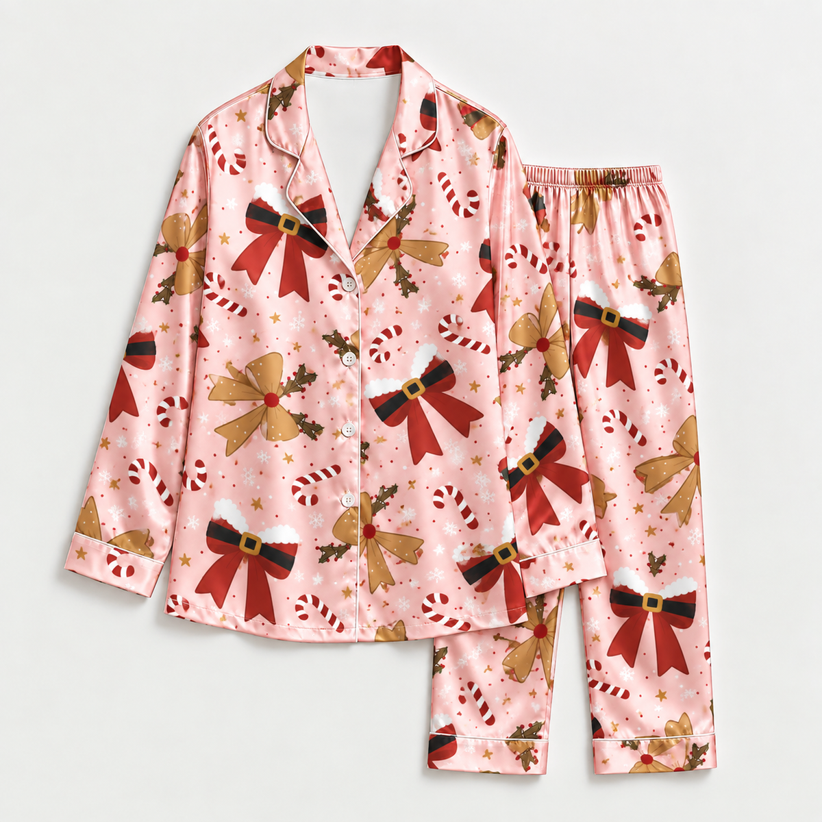 PJ-M2203-Pink Christmas Bow Satin Pajama Set with Candy Canes Holly Snowflakes and Festive Holiday Pattern for Cozy Sleepwear