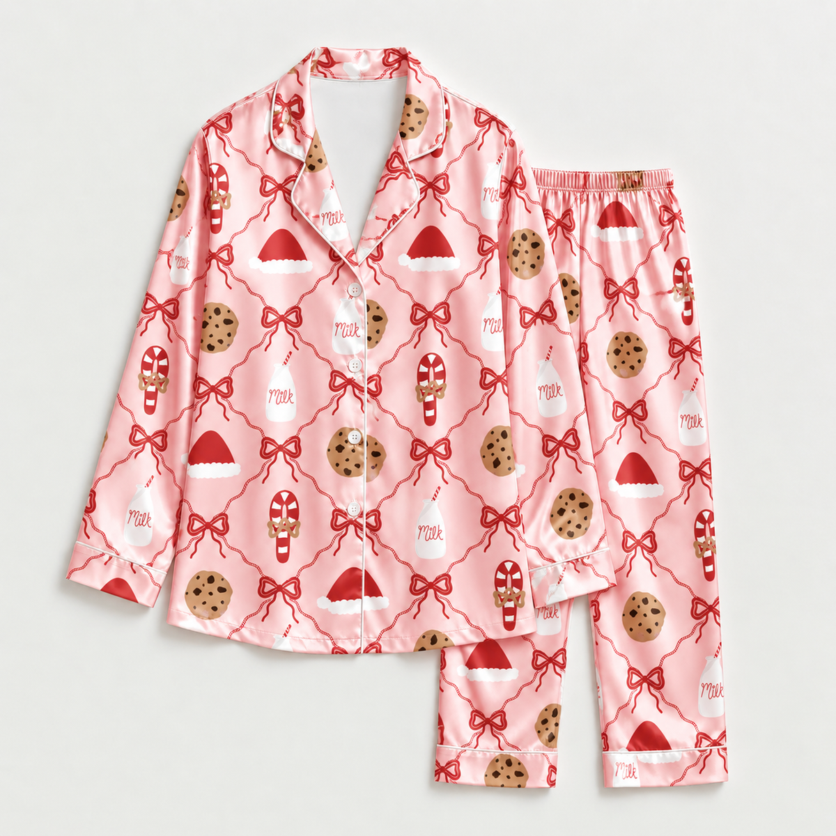 PJ-M2204-Cookies and Milk Christmas Satin Pajama Set with Red Bows Santa Hats Candy Canes and Sweet Holiday Pattern for Cozy Sleepwear