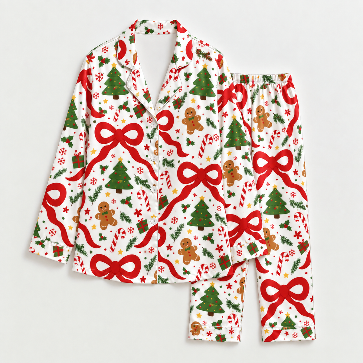 PJ-M2205-Christmas Bow Satin Pajama Set with Gingerbread Cookies Trees Candy Canes Snowflakes and Festive Holiday Pattern for Cozy Sleepwear