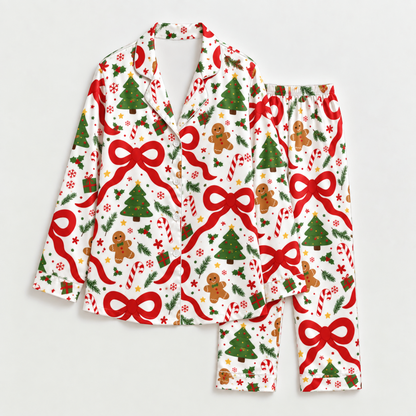 PJ-M2205-Christmas Bow Satin Pajama Set with Gingerbread Cookies Trees Candy Canes Snowflakes and Festive Holiday Pattern for Cozy Sleepwear