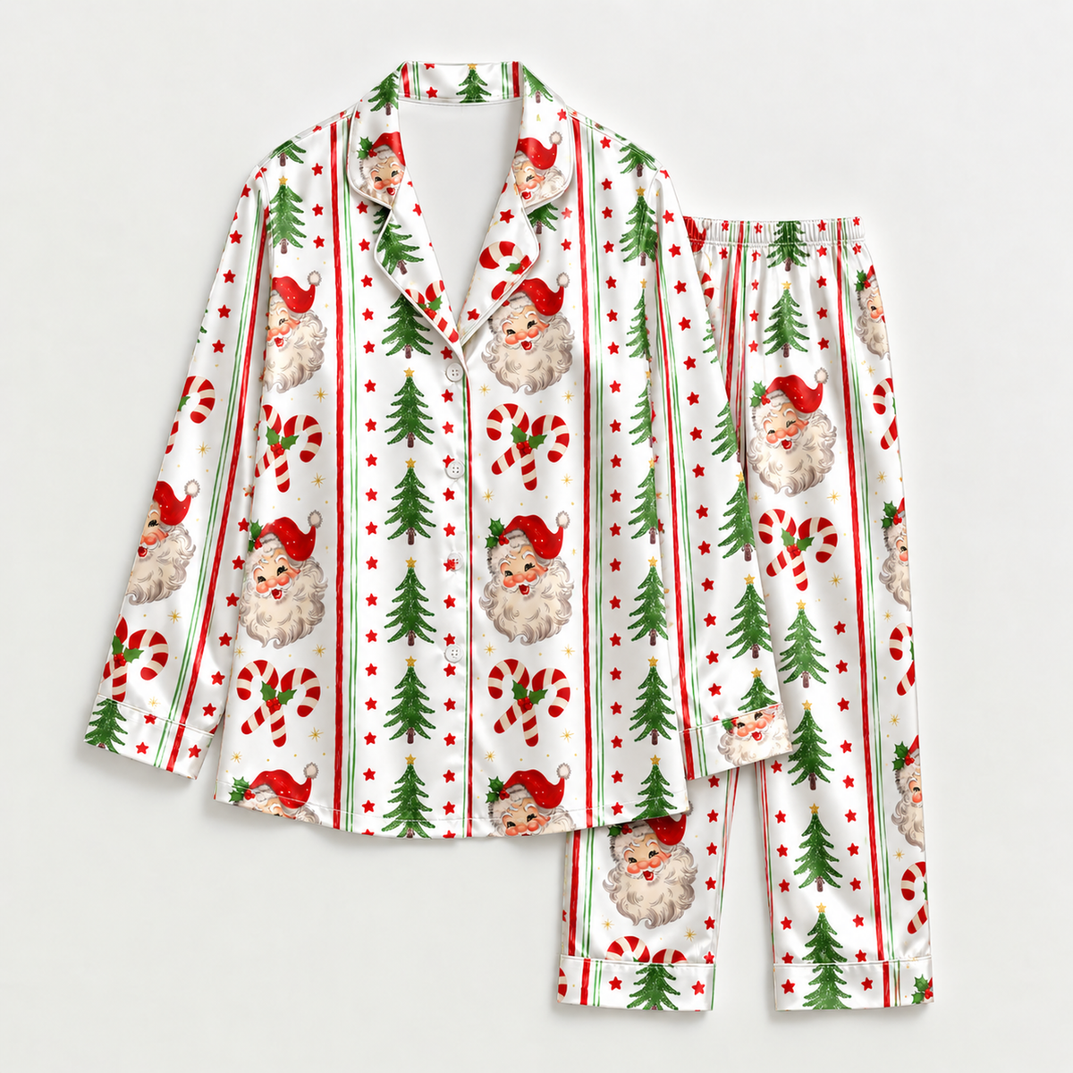 PJ-M2206-Vintage Santa Satin Pajama Set with Candy Canes Christmas Trees Stars and Classic Holiday Stripe Pattern for Cozy Sleepwear