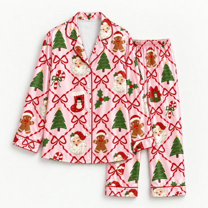 PJ-M2207-Christmas Bow Satin Pajama Set with Santa Gingerbread Trees Stockings and Festive Pink Holiday Pattern for Cozy Sleepwear