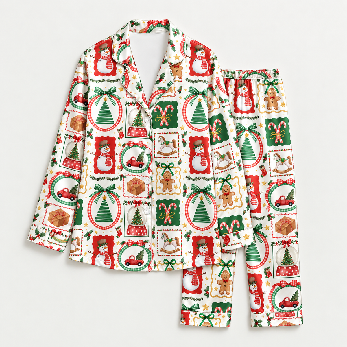 PJ-M2208-Vintage Christmas Satin Pajama Set with Snowmen Trees Gingerbread Rocking Horses and Festive Ornament Pattern for Cozy Sleepwear