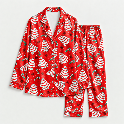 PJ-M2210-Christmas Tree Satin Pajama Set with Candy Canes Snowflakes and Festive Red Holiday Pattern for Cozy Sleepwear
