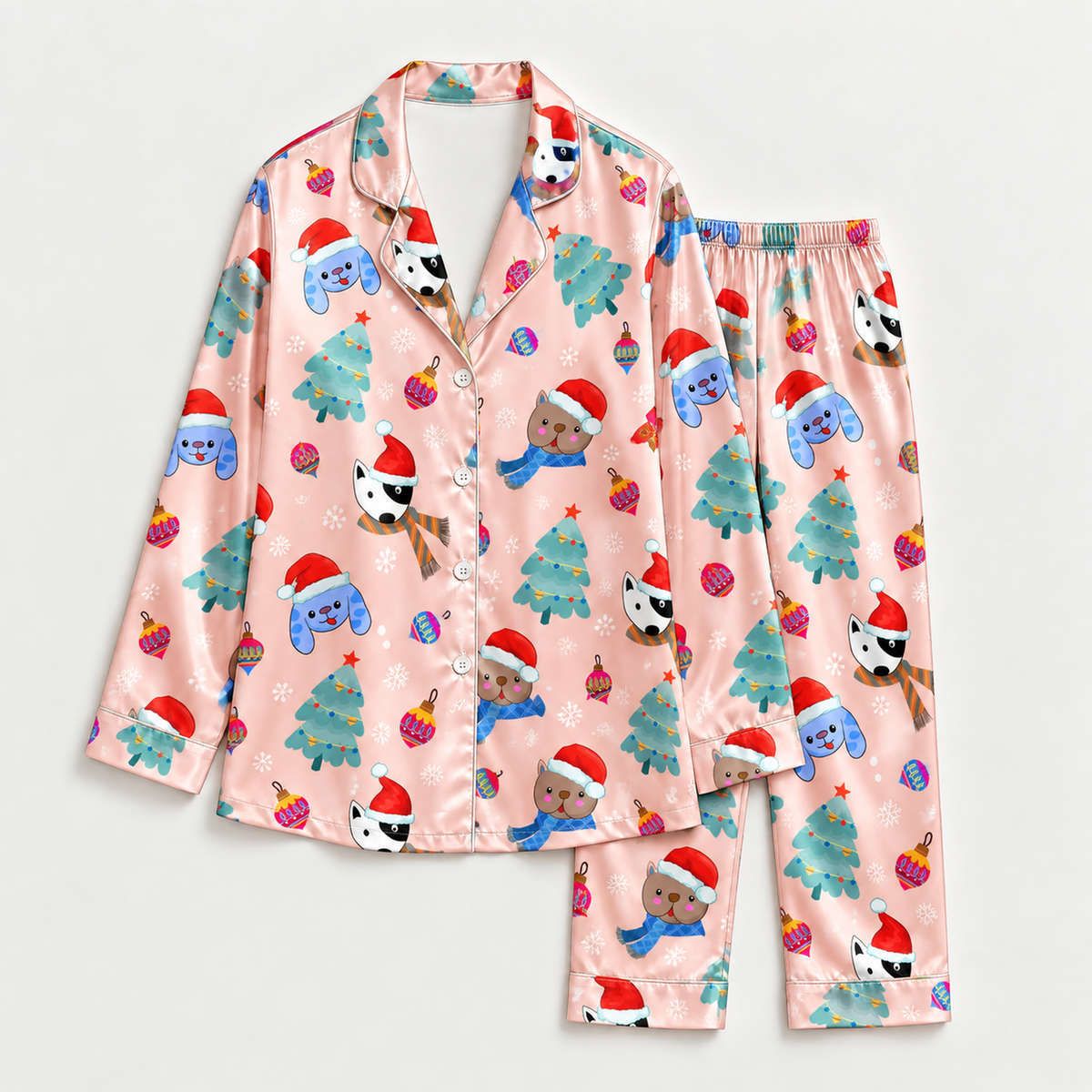 PJ-M2211-Christmas Pajama Set, Cat and Dog Holiday Pajamas, Christmas Tree Santa Hat Pet Sleepwear, Festive Animal Christmas PJs