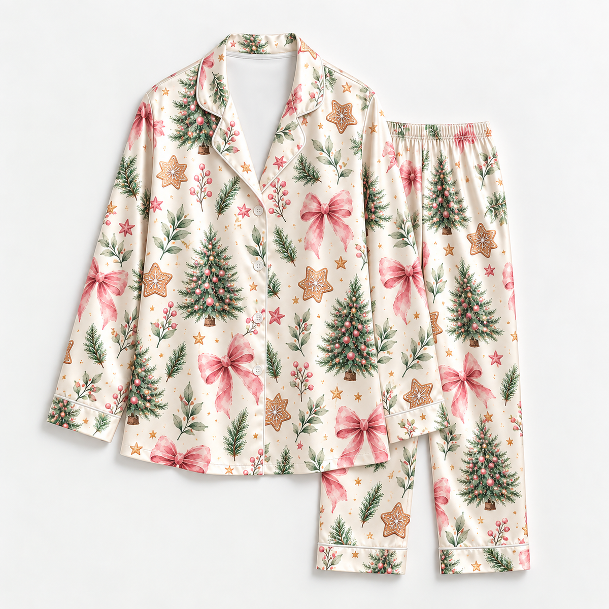 PJ-M2212-Christmas Pajama Set, Pink Bow Christmas Tree Pajamas, Gingerbread Botanical Holiday Sleepwear, Elegant Festive Winter PJs
