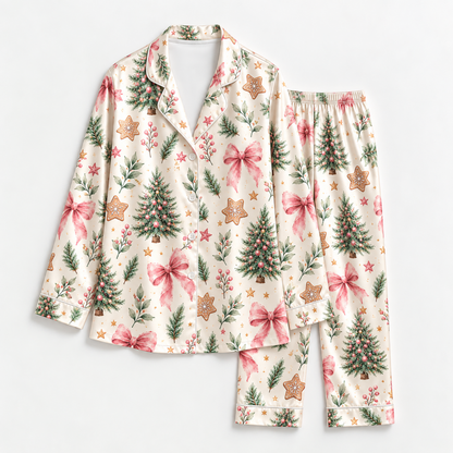PJ-M2212-Christmas Pajama Set, Pink Bow Christmas Tree Pajamas, Gingerbread Botanical Holiday Sleepwear, Elegant Festive Winter PJs