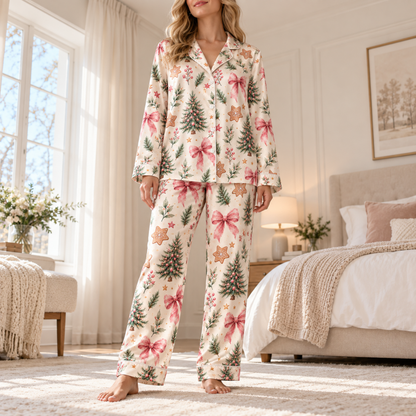 PJ-M2212-Christmas Pajama Set, Pink Bow Christmas Tree Pajamas, Gingerbread Botanical Holiday Sleepwear, Elegant Festive Winter PJs
