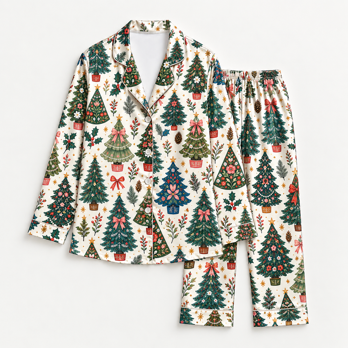 PJ-M2214-Christmas Pajama Set, Vintage Christmas Tree Pajamas, Holiday Bow Pine Tree Sleepwear, Retro Botanical Festive Christmas PJs