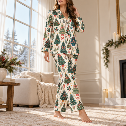 PJ-M2214-Christmas Pajama Set, Vintage Christmas Tree Pajamas, Holiday Bow Pine Tree Sleepwear, Retro Botanical Festive Christmas PJs