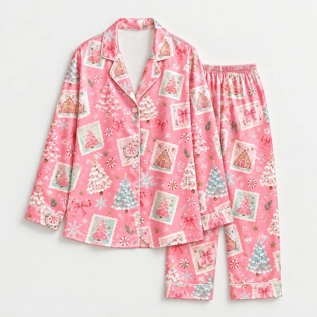 PJ-M2215-Pink Christmas Pajama Set, Holiday Stamp Christmas Tree Pajamas, Candy Cane Snowflake Sleepwear, Pastel Festive Christmas PJs