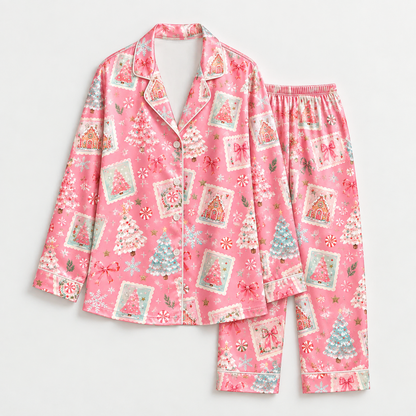 PJ-M2215-Pink Christmas Pajama Set, Holiday Stamp Christmas Tree Pajamas, Candy Cane Snowflake Sleepwear, Pastel Festive Christmas PJs