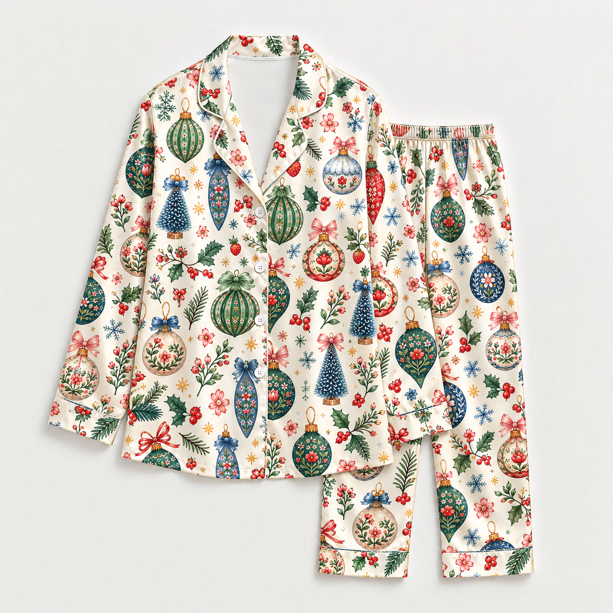 PJ-M2216-Christmas Pajama Set, Vintage Ornament Holiday Pajamas, Christmas Tree Floral Bauble Sleepwear, Festive Botanical Christmas PJs