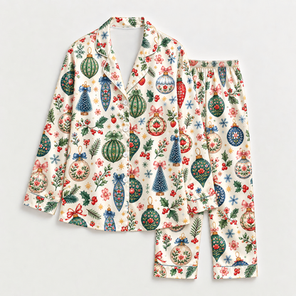 PJ-M2216-Christmas Pajama Set, Vintage Ornament Holiday Pajamas, Christmas Tree Floral Bauble Sleepwear, Festive Botanical Christmas PJs