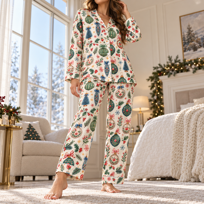 PJ-M2216-Christmas Pajama Set, Vintage Ornament Holiday Pajamas, Christmas Tree Floral Bauble Sleepwear, Festive Botanical Christmas PJs