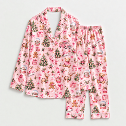 PJ-M2218-Pink Christmas Pajama Set, Christmas Tree Teddy Bear Pajamas, Gingerbread Snow Globe Holiday Sleepwear, Vintage Festive PJs