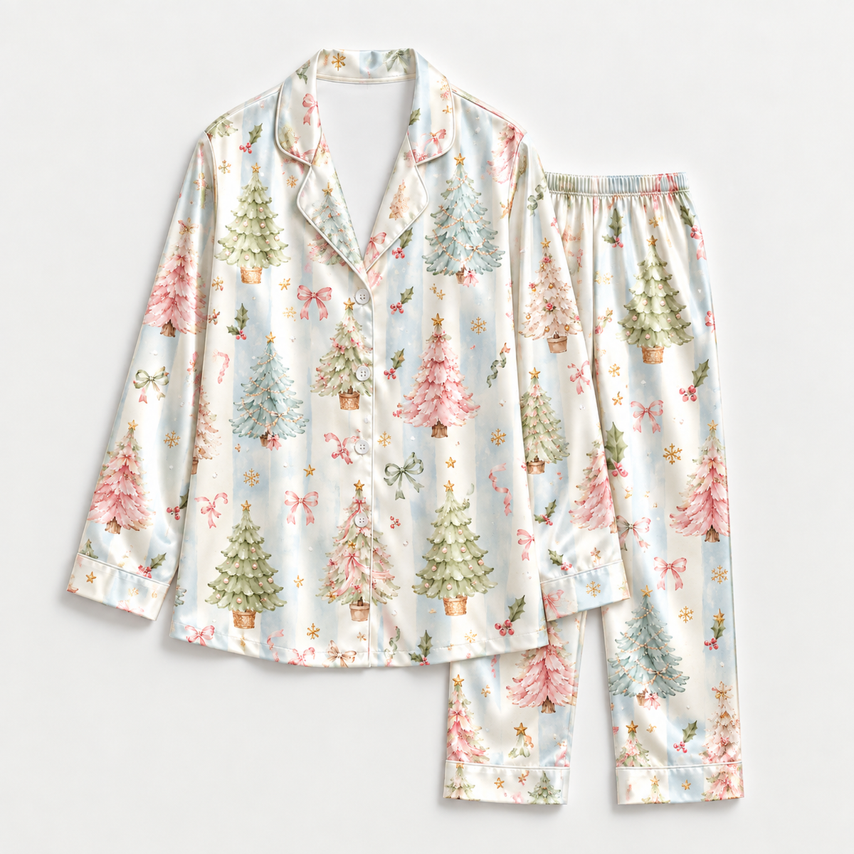 PJ-M2219-Christmas Pajama Set, Pastel Christmas Tree Pajamas, Pink Bow Holiday Sleepwear, Whimsical Winter Tree Festive PJs