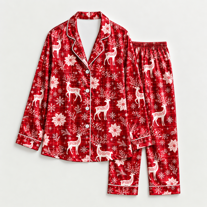 PJ-M2220-Christmas Pajama Set, Reindeer Snowflake Pajamas, Red Winter Floral Holiday Sleepwear, Elegant Festive Christmas PJs