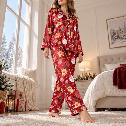 PJ-M2224-Christmas Pajama Set, Santa Reindeer Gingerbread Pajamas, Candy Cane Snowflake Holiday Sleepwear, Festive Christmas PJs