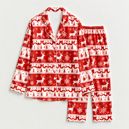 PJ-M2225-Christmas Pajama Set, Reindeer Snowflake Pajamas, Red Nordic Holiday Sleepwear, Scandinavian Christmas Pattern Festive PJs