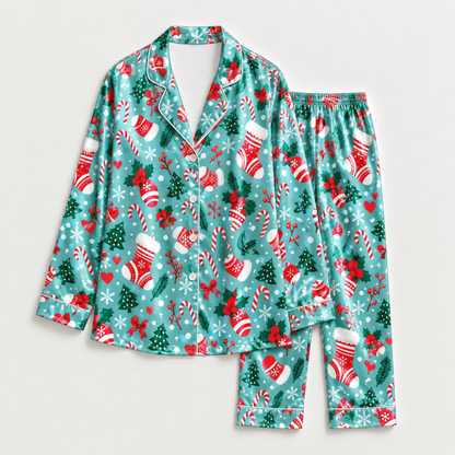 PJ-M2226-Christmas Pajama Set, Stocking Candy Cane Pajamas, Aqua Holiday Tree Ornament Sleepwear, Festive Christmas Morning PJs