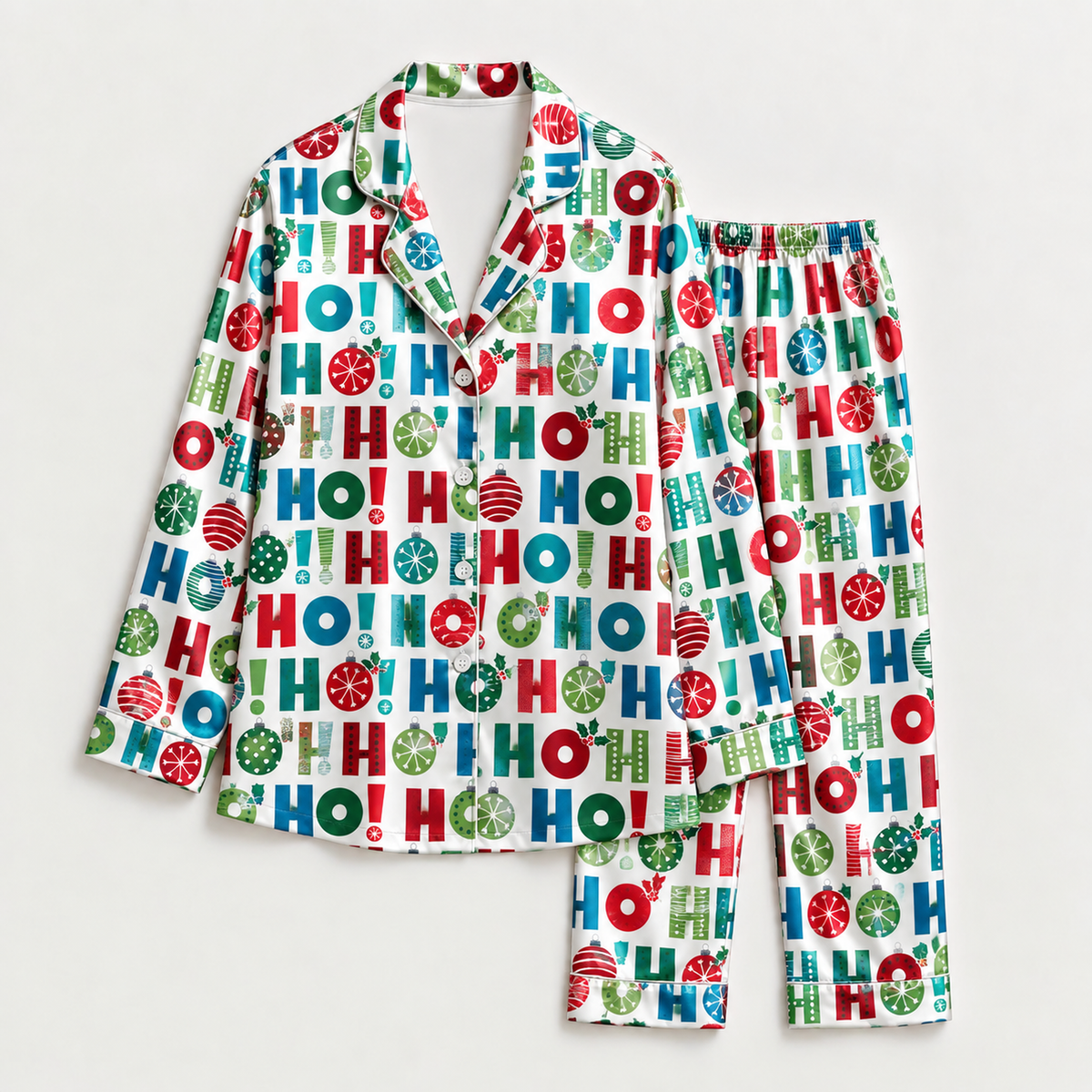 PJ-M2227-Christmas Pajama Set, Colorful Ho Ho Ho Holiday Pajamas, Festive Ornament Candy Cane Sleepwear, Christmas Morning Family PJs