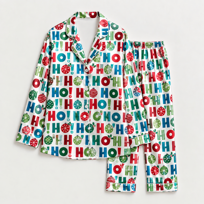 PJ-M2227-Christmas Pajama Set, Colorful Ho Ho Ho Holiday Pajamas, Festive Ornament Candy Cane Sleepwear, Christmas Morning Family PJs