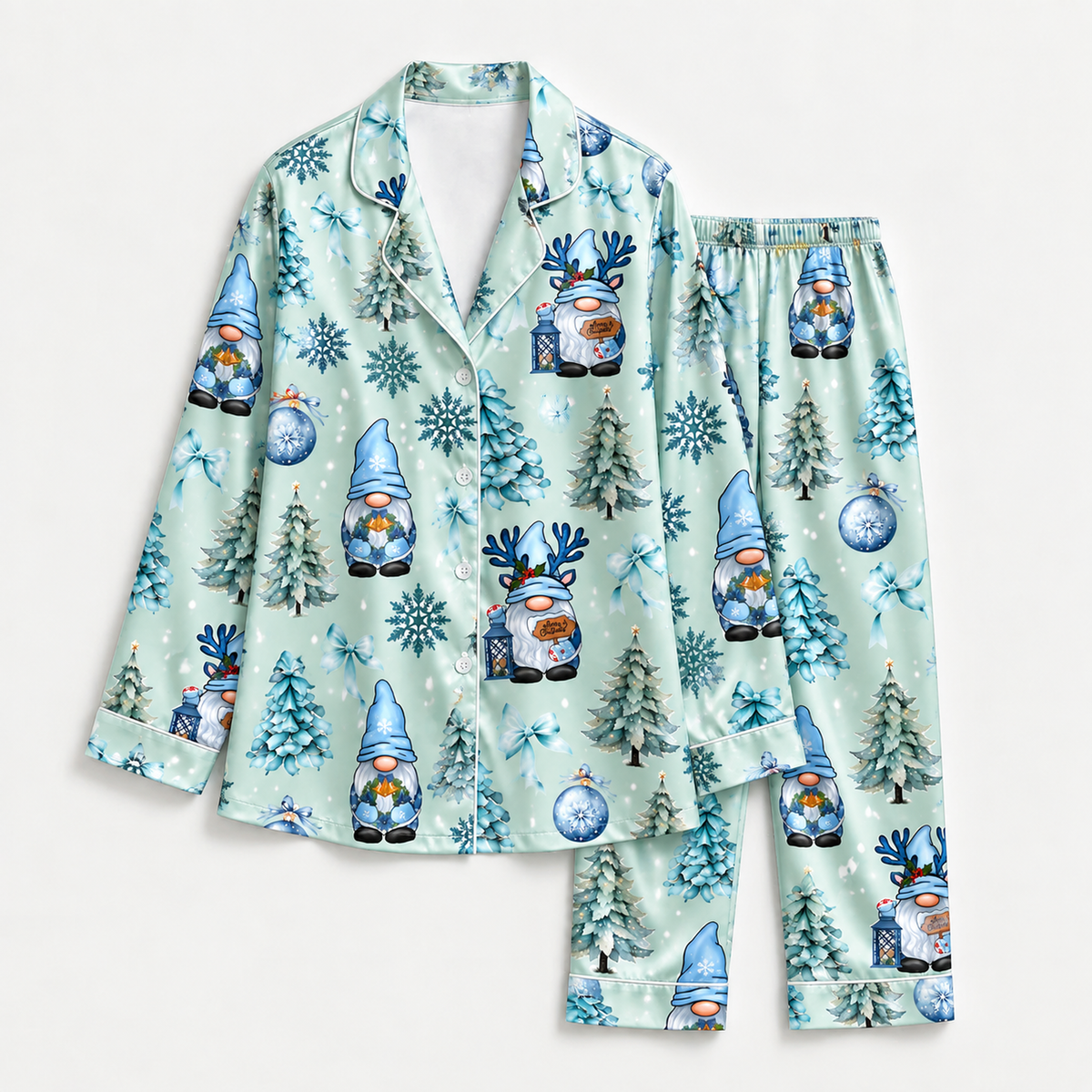 PJ-M2228-Christmas Pajama Set, Blue Gnome Reindeer Holiday Pajamas, Snowflake Christmas Tree Sleepwear, Winter Festive Family PJs