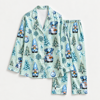 PJ-M2228-Christmas Pajama Set, Blue Gnome Reindeer Holiday Pajamas, Snowflake Christmas Tree Sleepwear, Winter Festive Family PJs